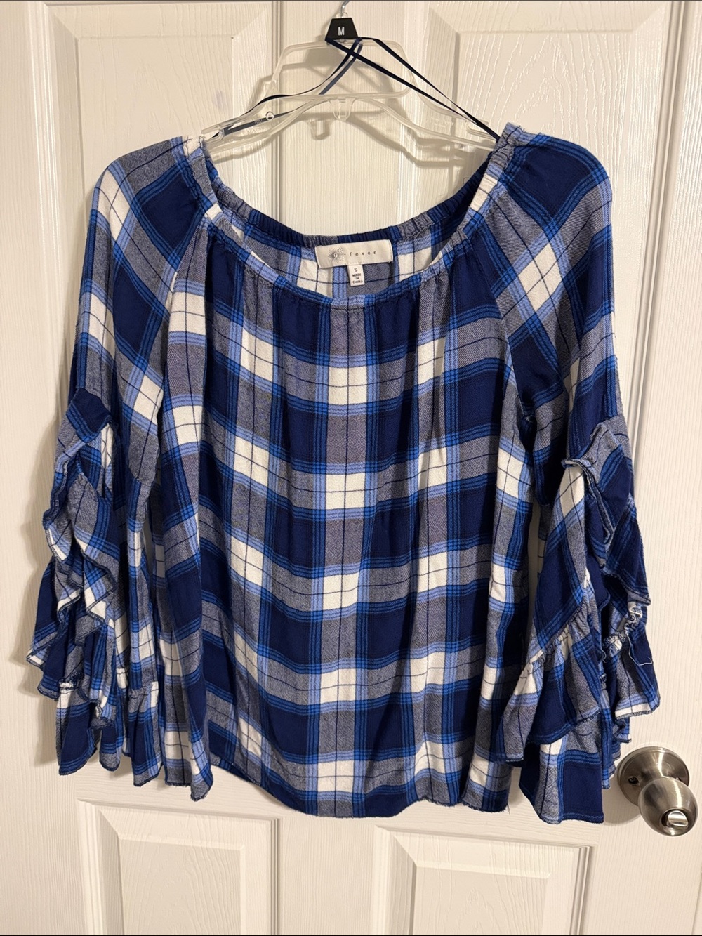 Fever Blue & White Plaid Ruffle-Sleeve Peasant Top